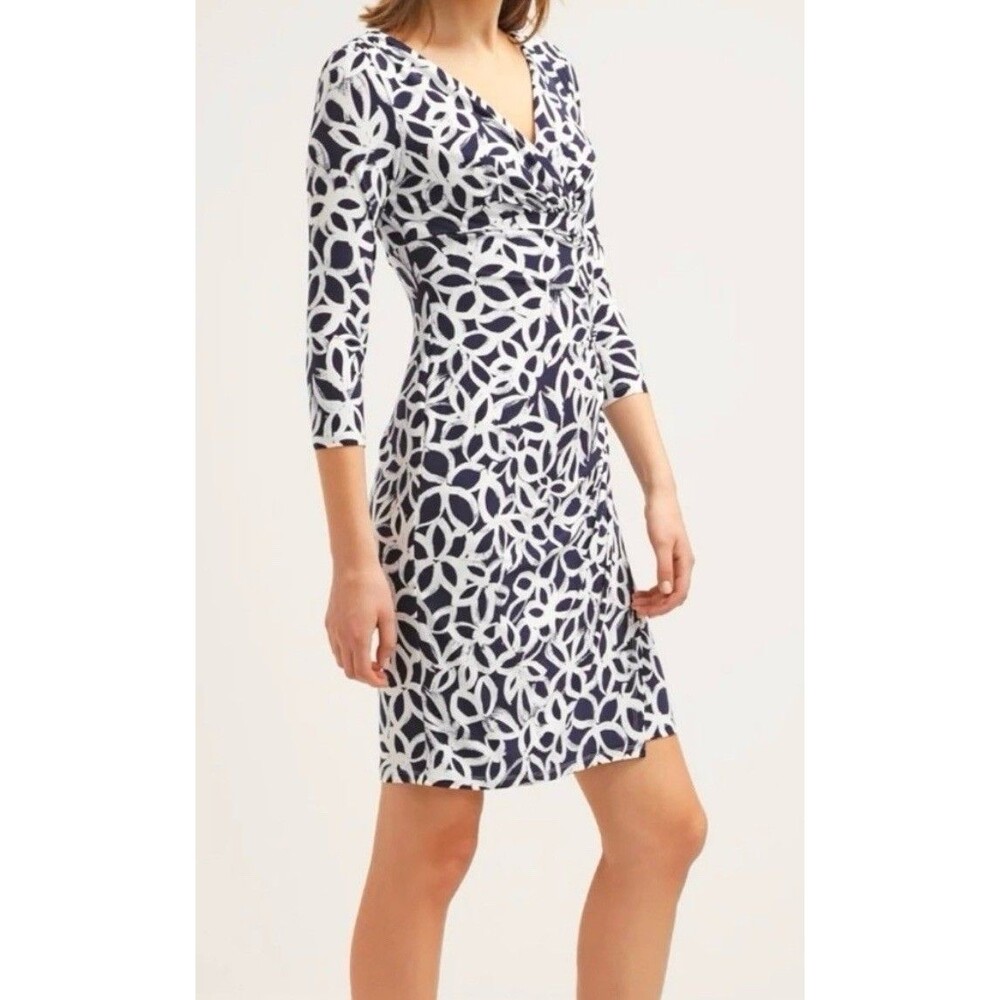 Lauren Ralph Lauren Blue & White Print V Neck Sheath Faux Wrap Jersey Dress-14w